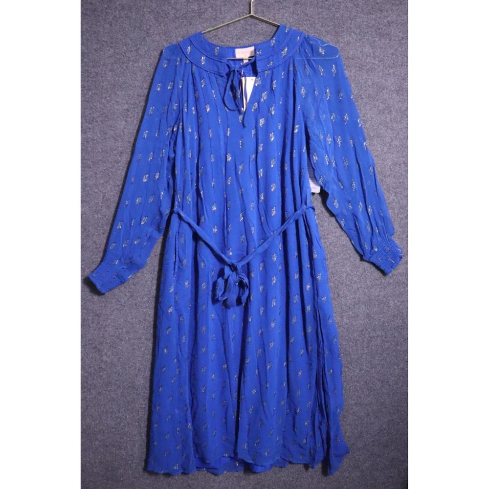 CIEBON Eryn Metallic‎ Tie Long Sleeve Maxi Dress Women XS Blue Relaxed NWT NEW